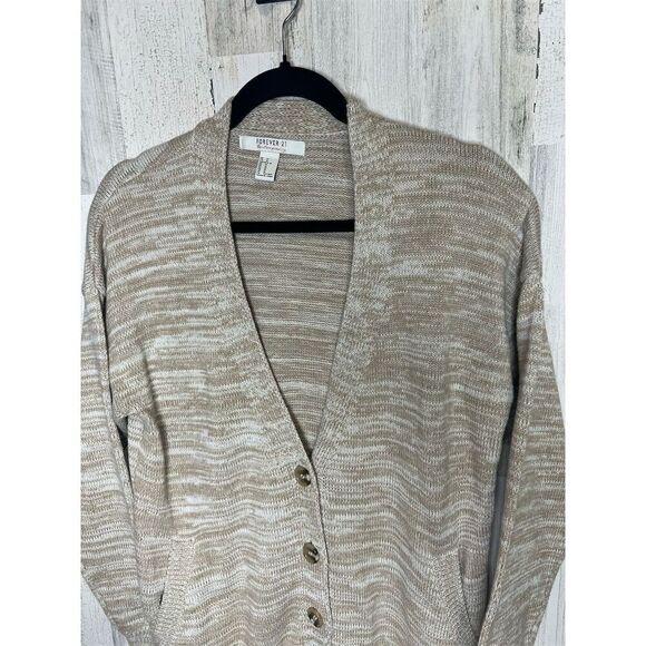 Women's Tan and White Cardigan Sweater M V-Neck Button-Up Long Sleeve Forever 21 - Picture 3 of 6